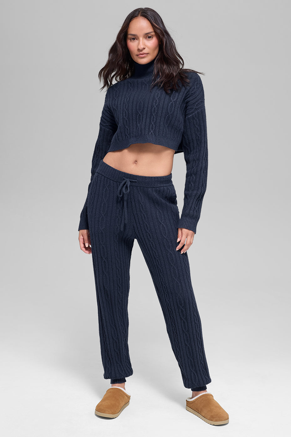 alo Cable Knit Cropped Winter Bliss Turtleneck Long Sleeve - Navy