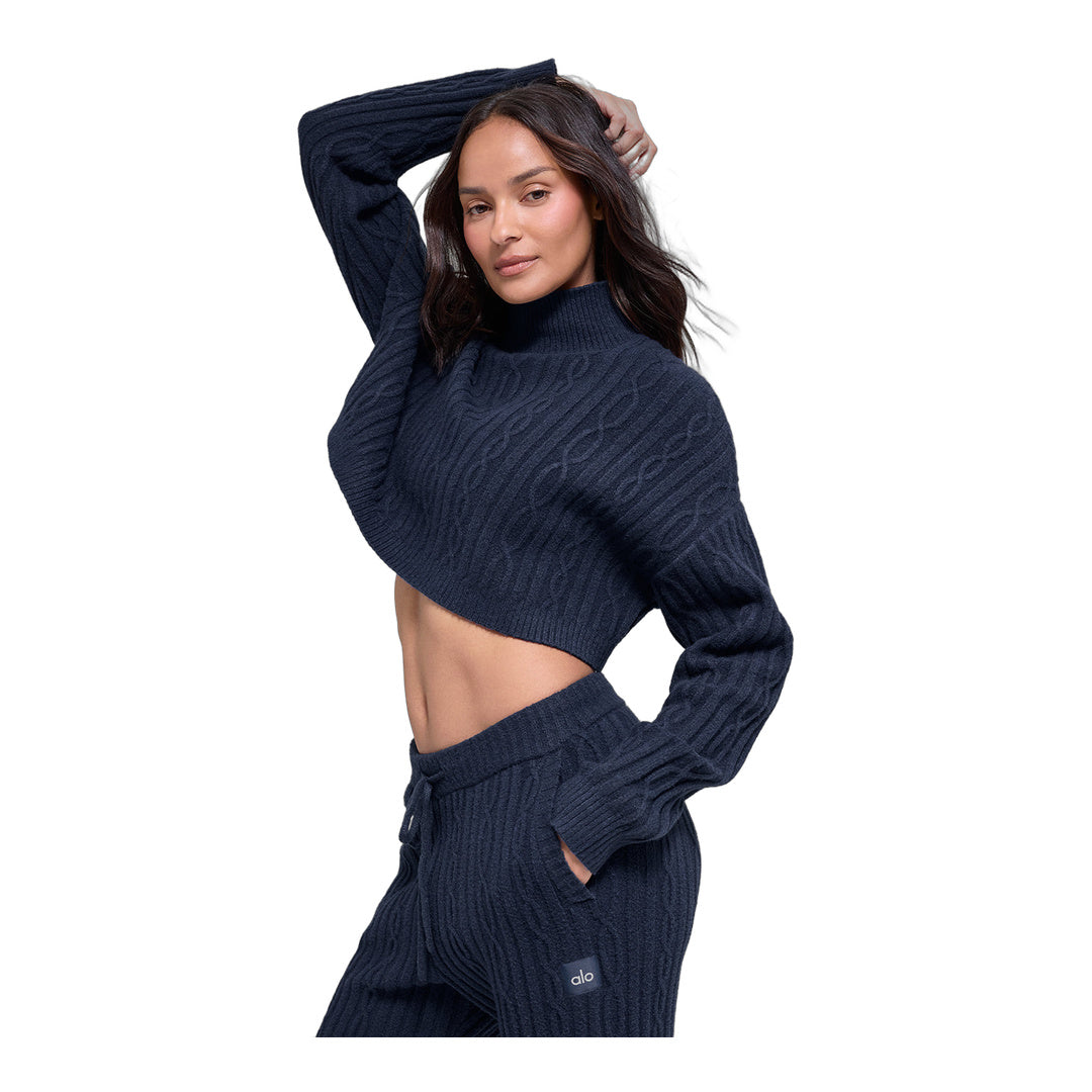 alo Cable Knit Cropped Winter Bliss Turtleneck Long Sleeve - Navy