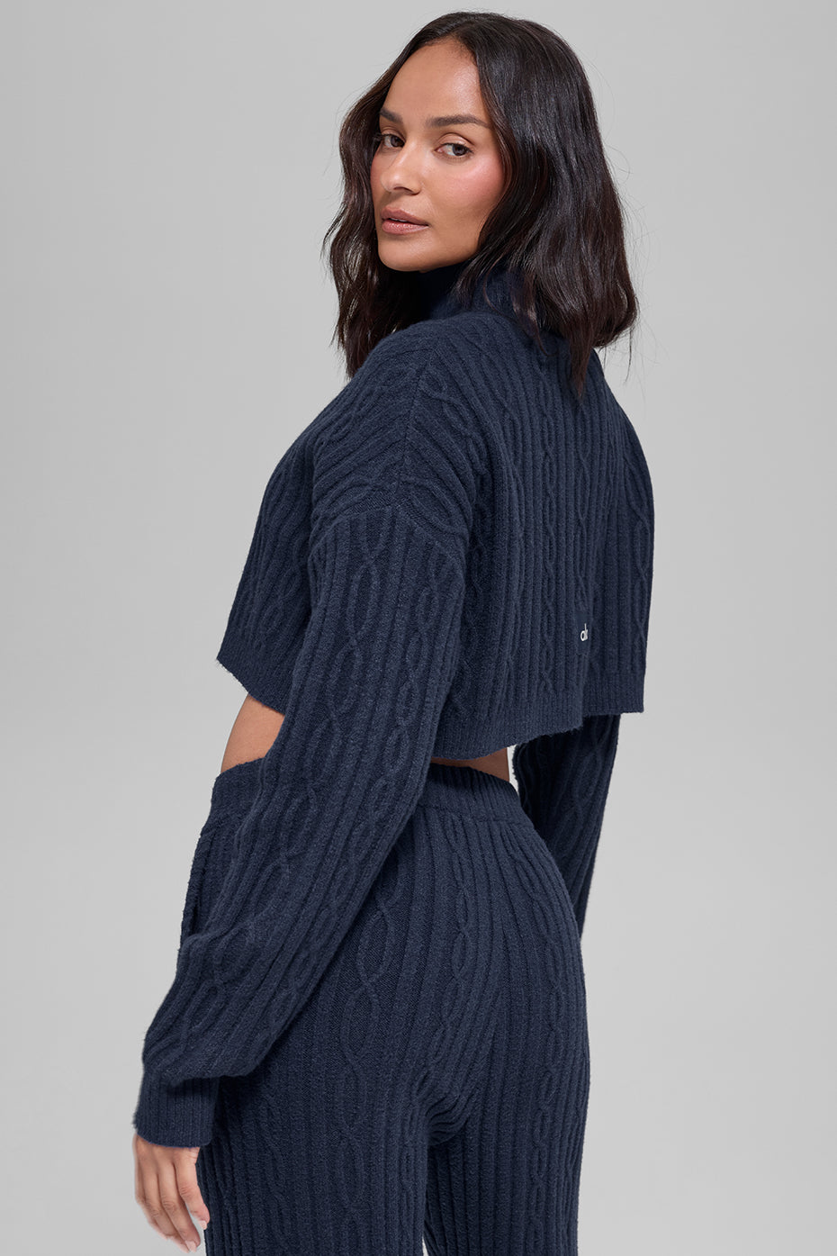 alo Cable Knit Cropped Winter Bliss Turtleneck Long Sleeve - Navy