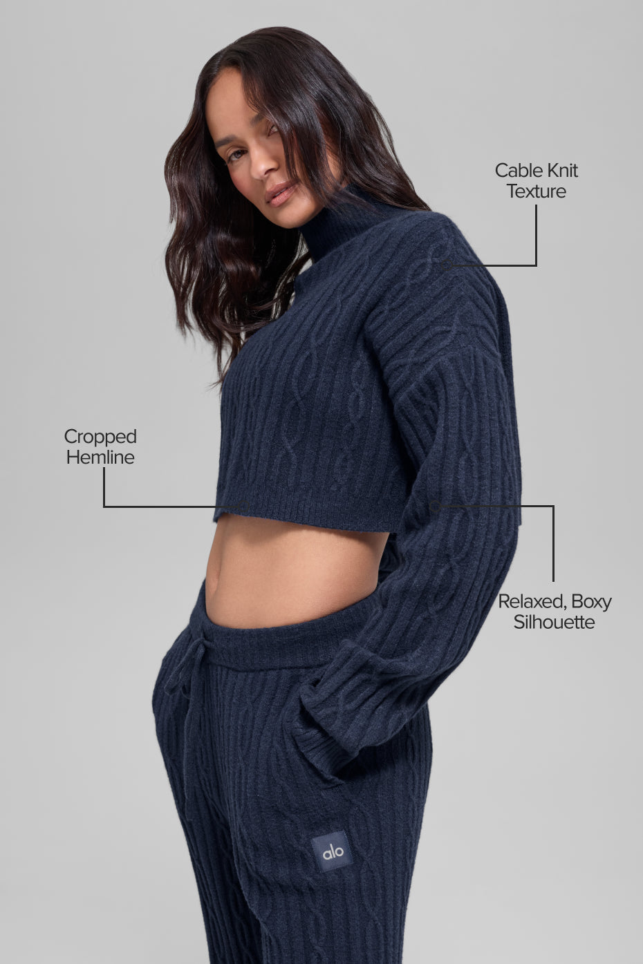 alo Cable Knit Cropped Winter Bliss Turtleneck Long Sleeve - Navy