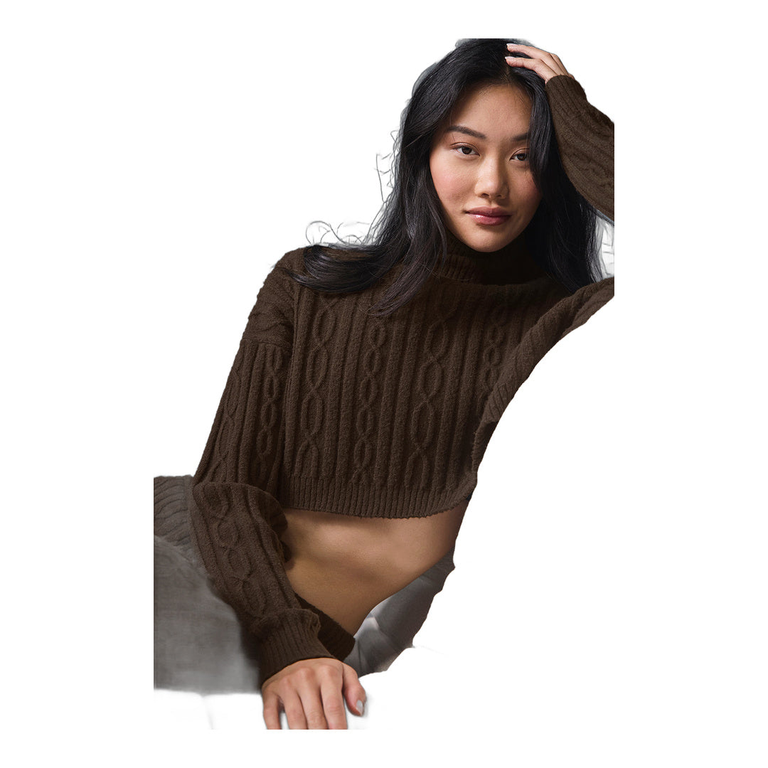 alo Cable Knit Cropped Winter Bliss Turtleneck Long Sleeve - Espresso