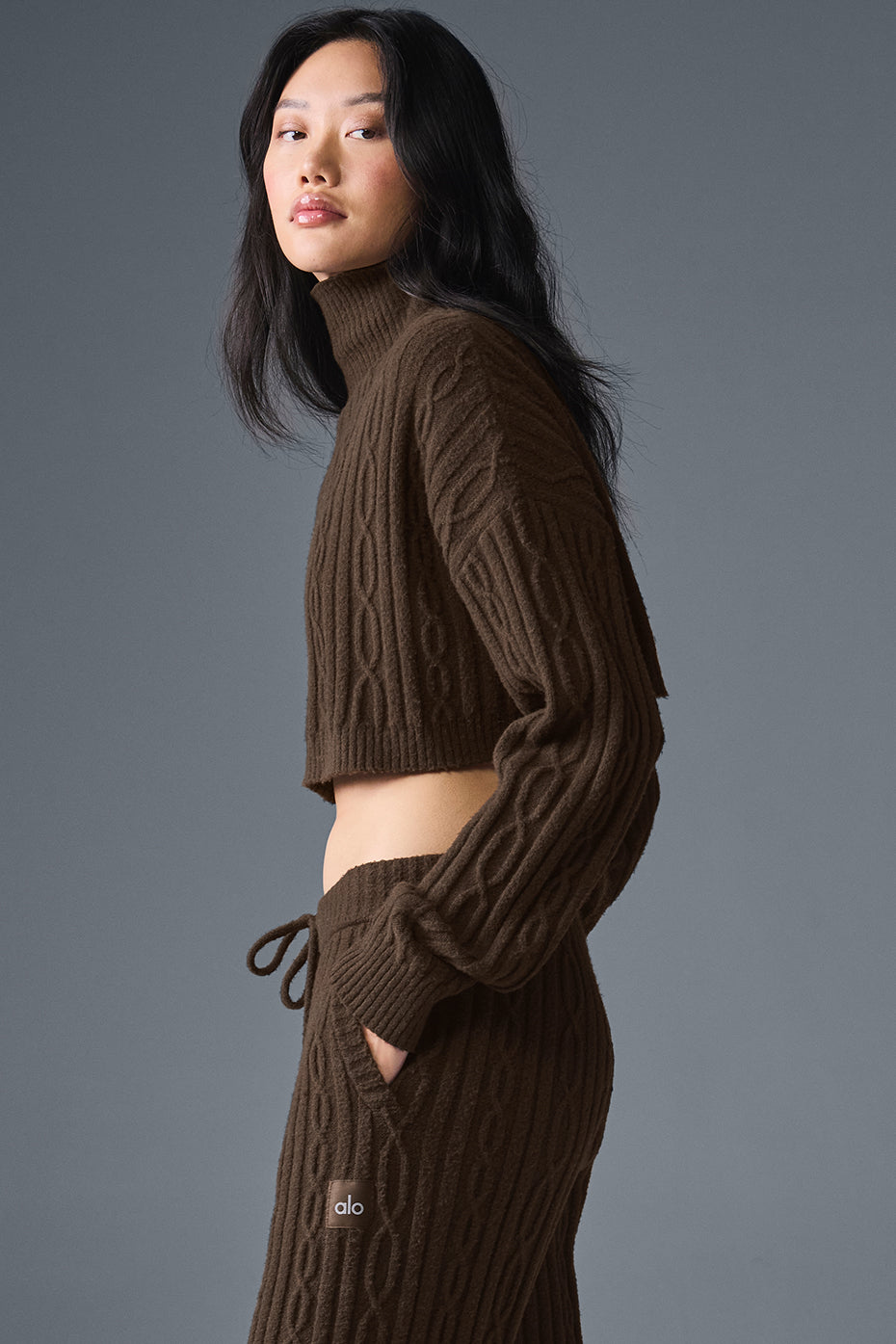 alo Cable Knit Cropped Winter Bliss Turtleneck Long Sleeve - Espresso