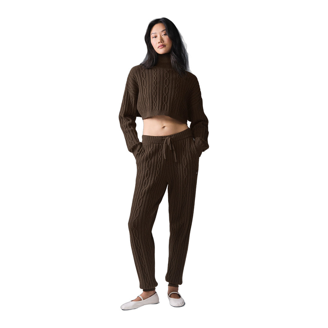 alo Cable Knit Cropped Winter Bliss Turtleneck Long Sleeve - Espresso