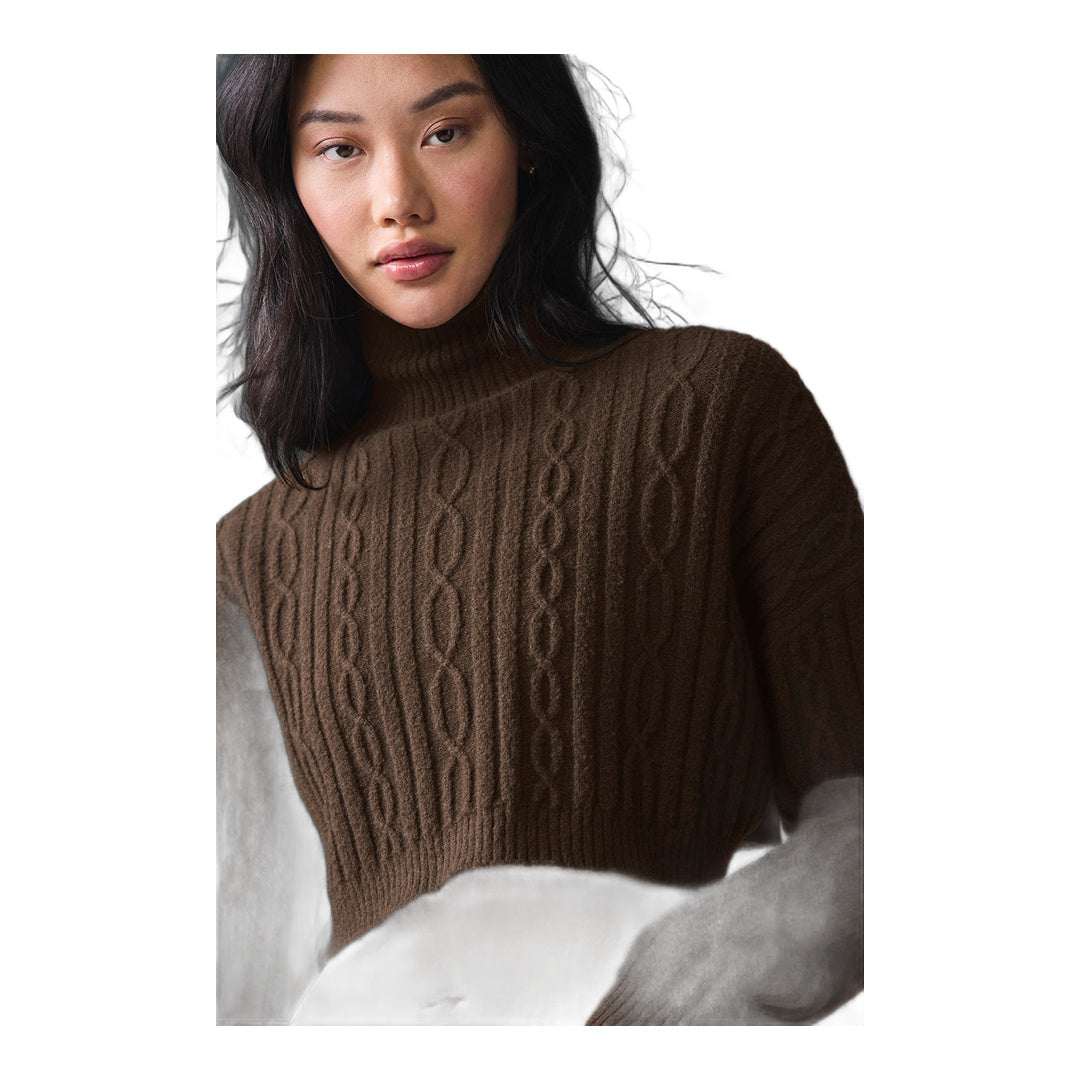 alo Cable Knit Cropped Winter Bliss Turtleneck Long Sleeve - Espresso