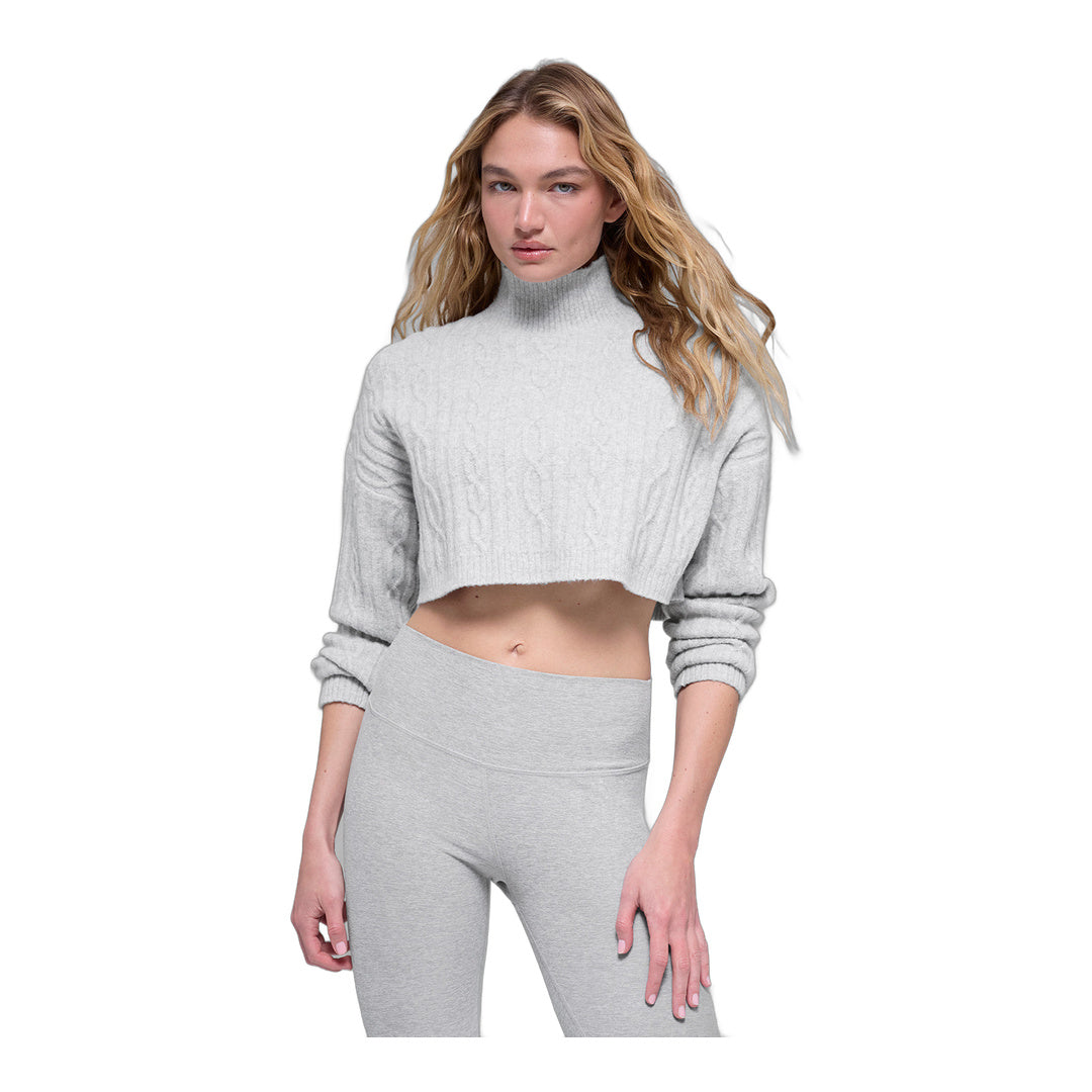 alo Cable Knit Cropped Winter Bliss Turtleneck Long Sleeve - Athletic Heather Grey