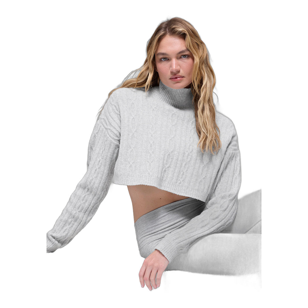 alo Cable Knit Cropped Winter Bliss Turtleneck Long Sleeve - Athletic Heather Grey