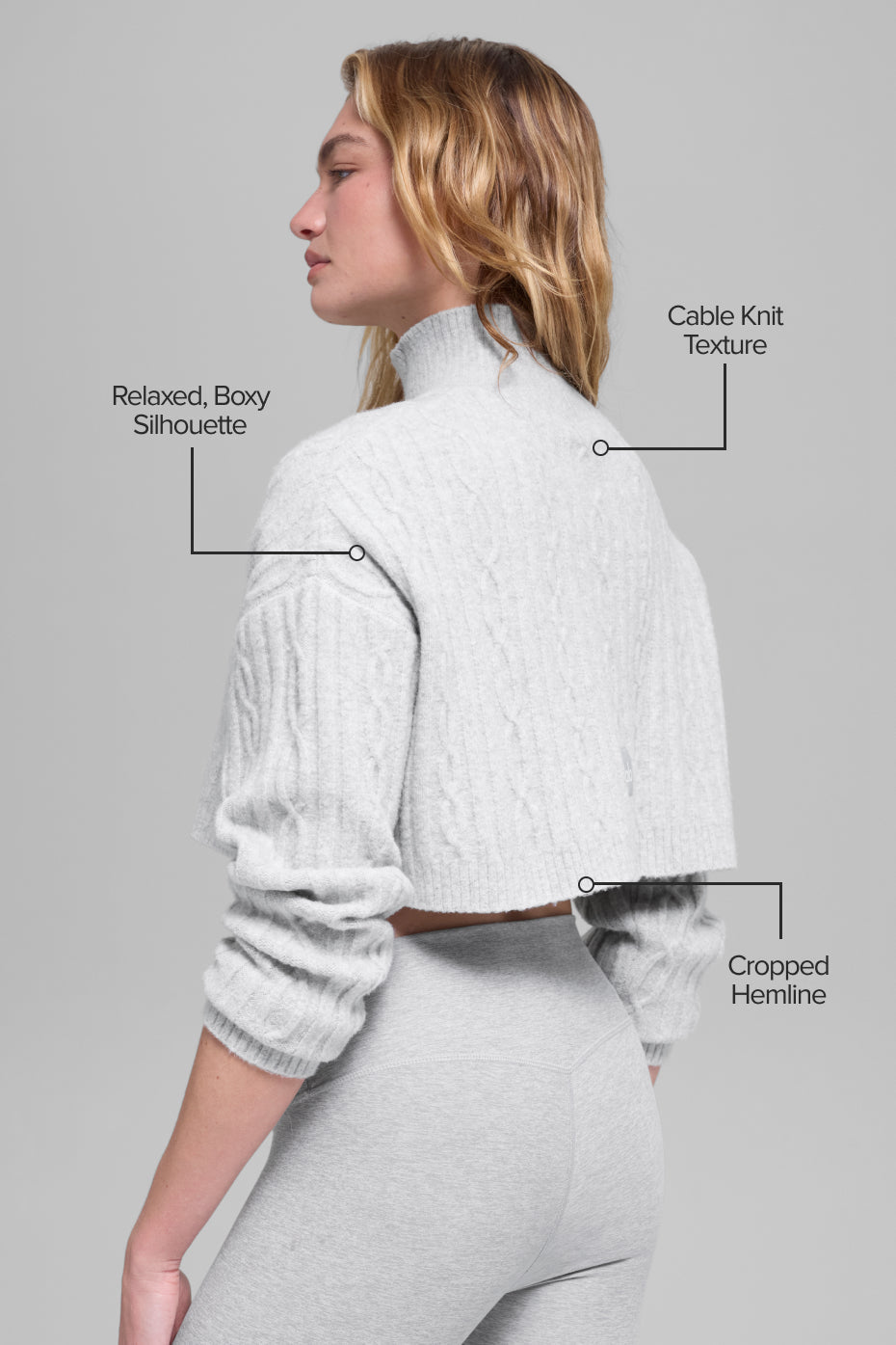 alo Cable Knit Cropped Winter Bliss Turtleneck Long Sleeve - Athletic Heather Grey