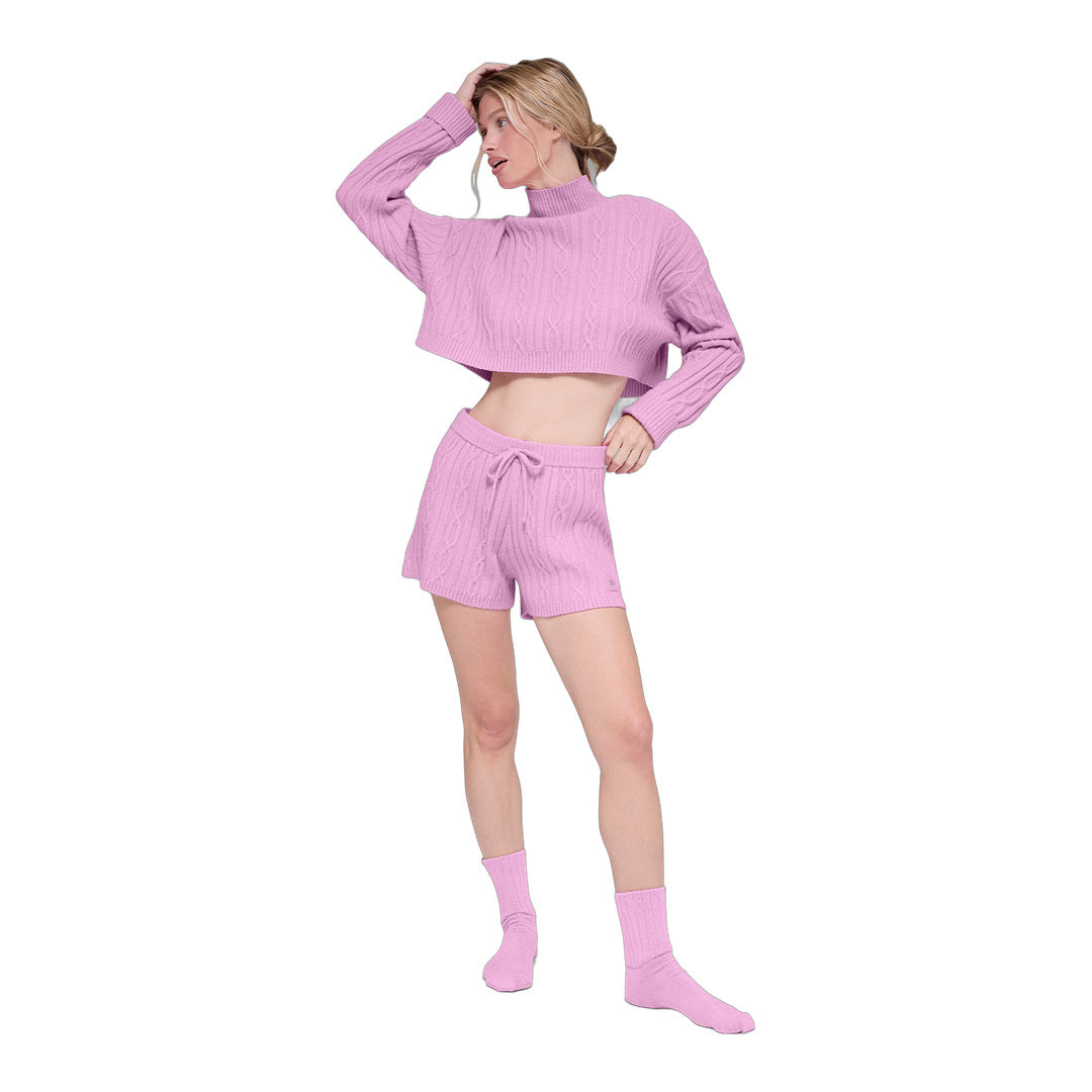 alo Cable Knit Cropped Winter Bliss Turtleneck Long Sleeve - Candy Heart Pink