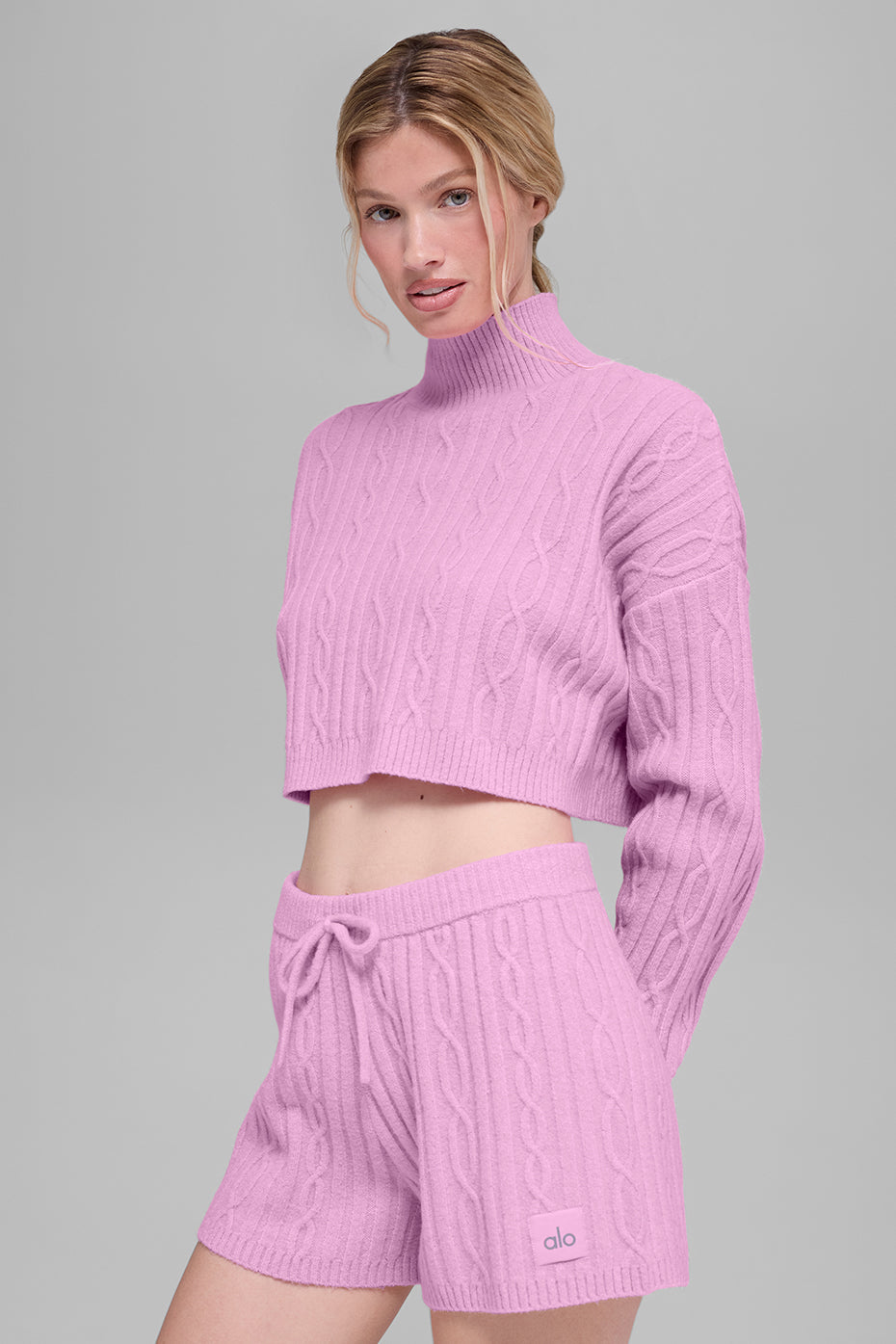 alo Cable Knit Cropped Winter Bliss Turtleneck Long Sleeve - Candy Heart Pink