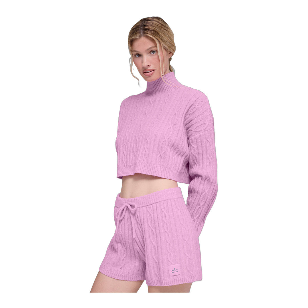 alo Cable Knit Cropped Winter Bliss Turtleneck Long Sleeve - Candy Heart Pink