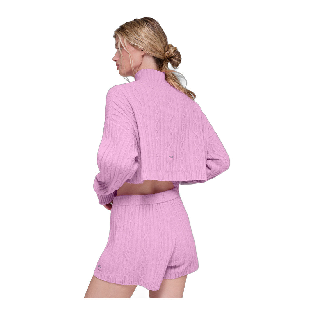 alo Cable Knit Cropped Winter Bliss Turtleneck Long Sleeve - Candy Heart Pink
