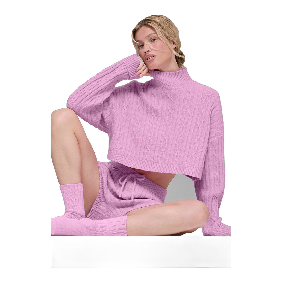 alo Cable Knit Cropped Winter Bliss Turtleneck Long Sleeve - Candy Heart Pink