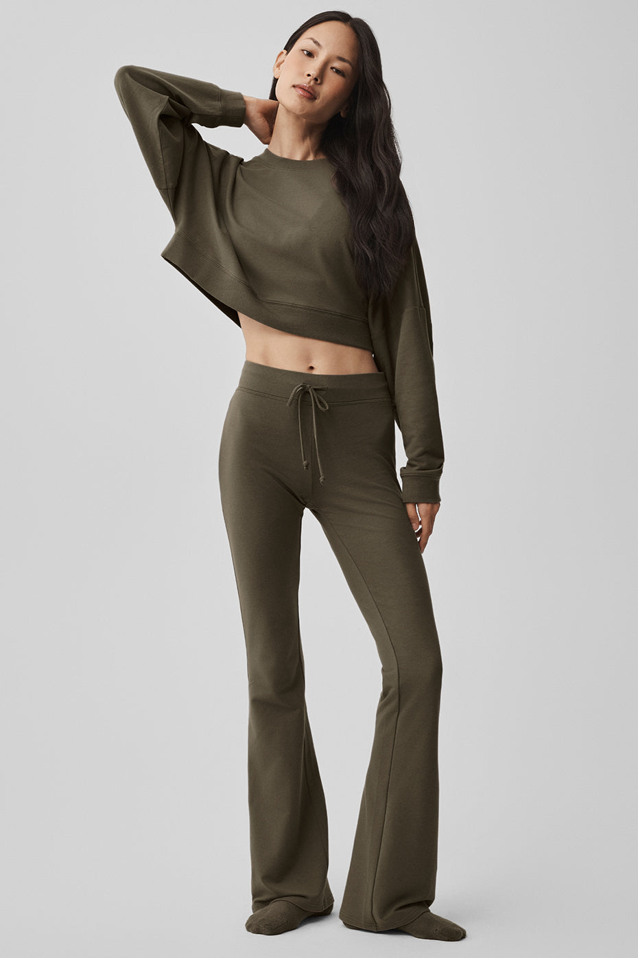 alo Cropped Sway Crew Neck Pullover - Olive Tree