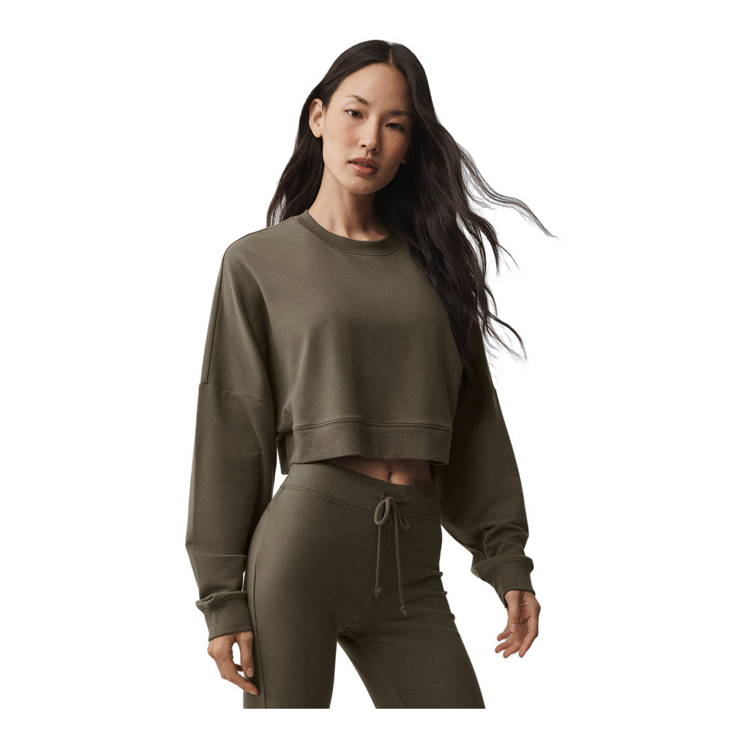 alo Cropped Sway Crew Neck Pullover - Olive Tree