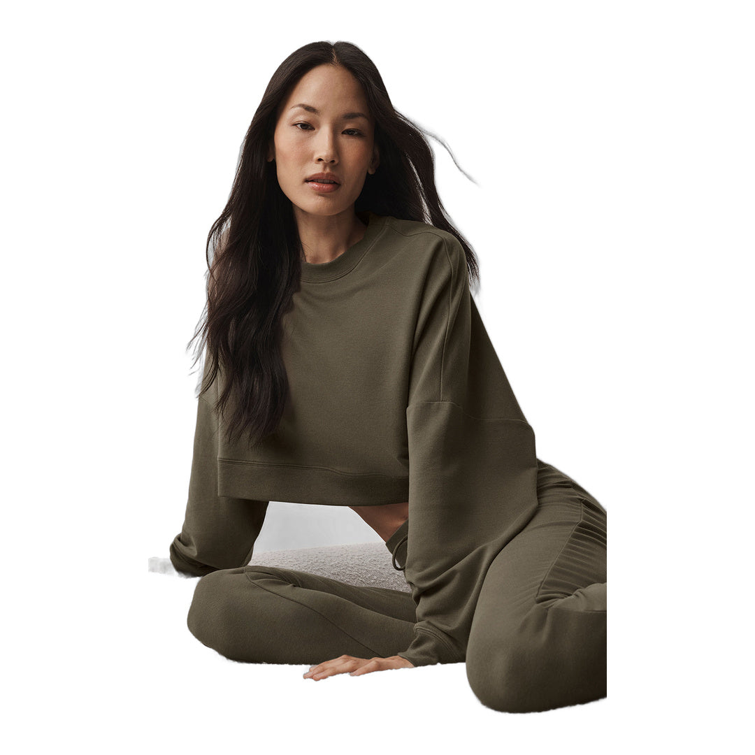 alo Cropped Sway Crew Neck Pullover - Olive Tree