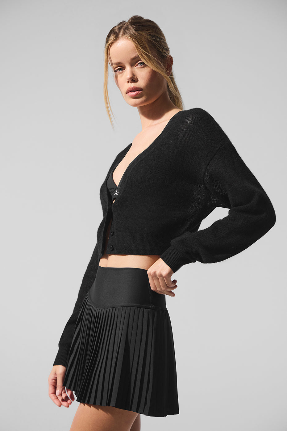 alo Sheer Cashmere Cropped Cardigan - Black