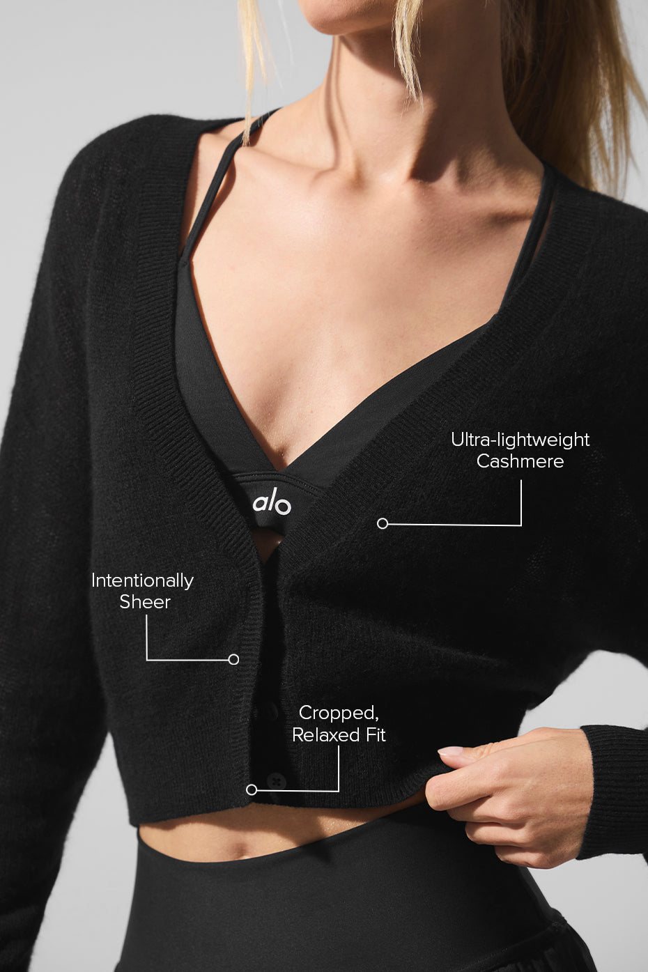alo Sheer Cashmere Cropped Cardigan - Black