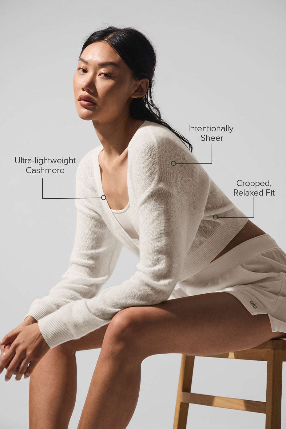 alo Sheer Cashmere Cropped Cardigan - Ivory