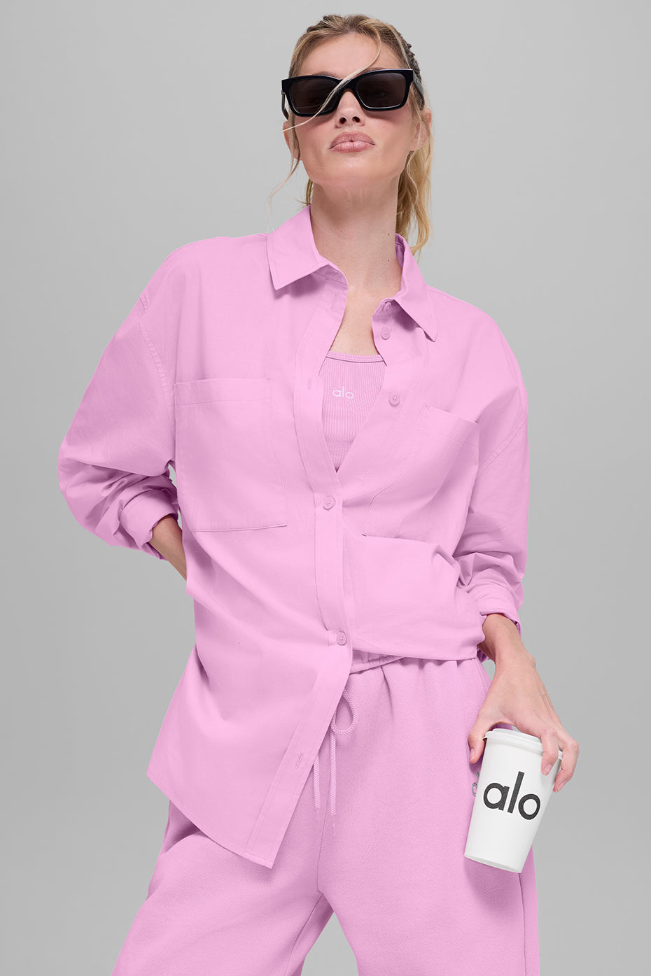 alo Cotton Real Deal Button Up Long Sleeve - Candy Heart Pink