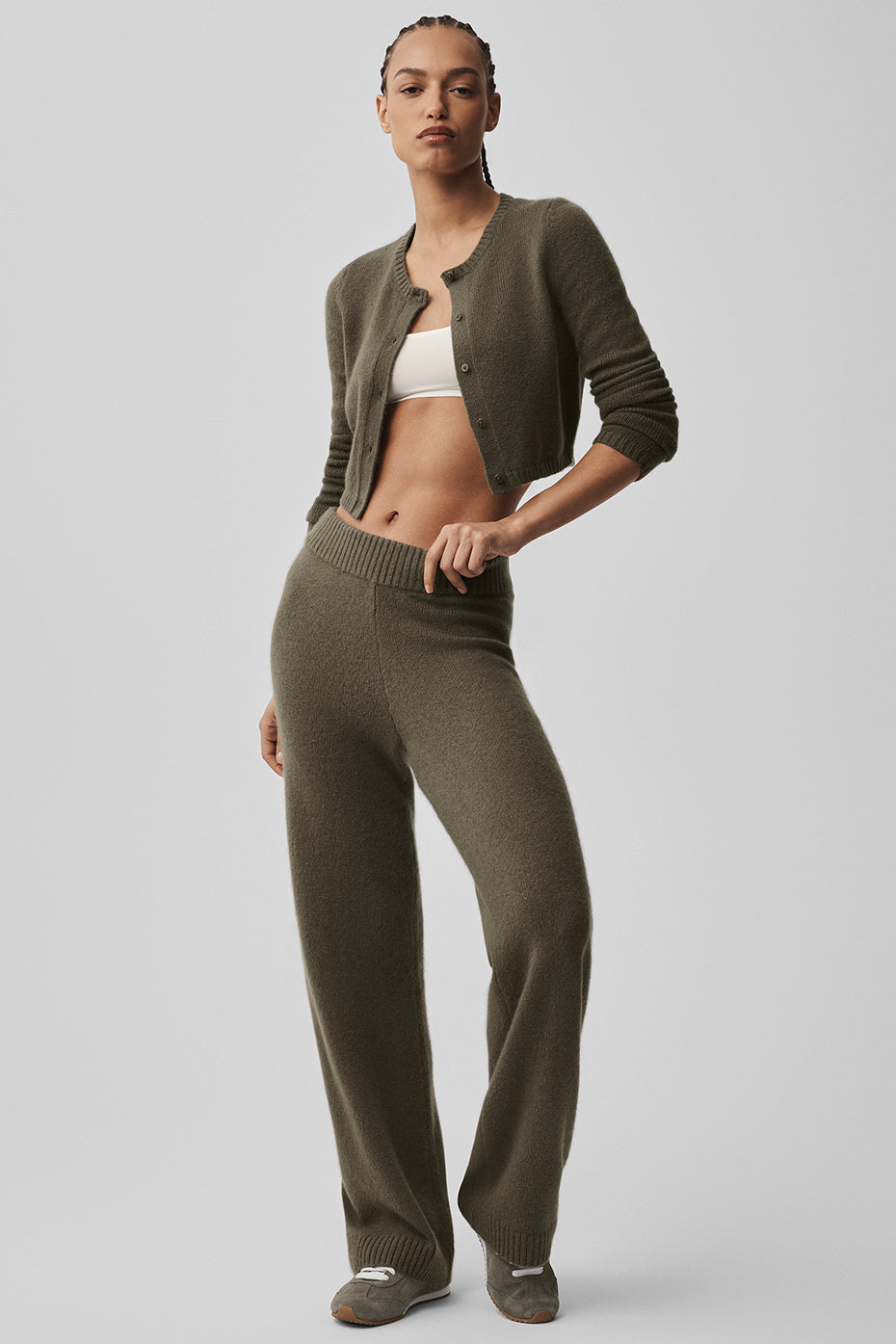 alo Wool Cashmere New Class Cropped Cardigan - Olive Tree