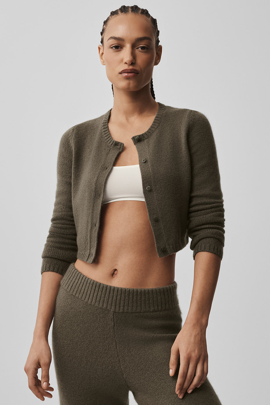 alo Wool Cashmere New Class Cropped Cardigan - Olive Tree