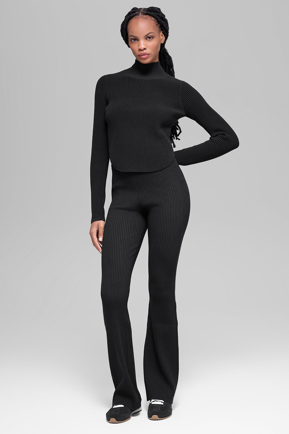 alo Denim Knit Backless Long Sleeve - Black/Anthracite