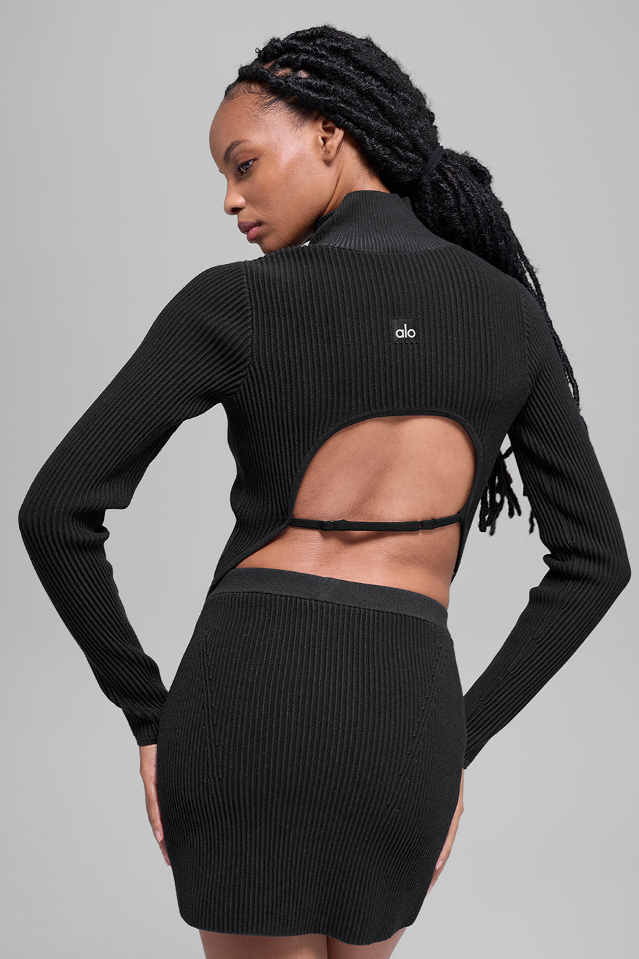 alo Denim Knit Backless Long Sleeve - Black/Anthracite