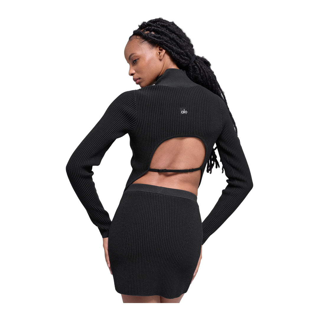 alo Denim Knit Backless Long Sleeve - Black/Anthracite