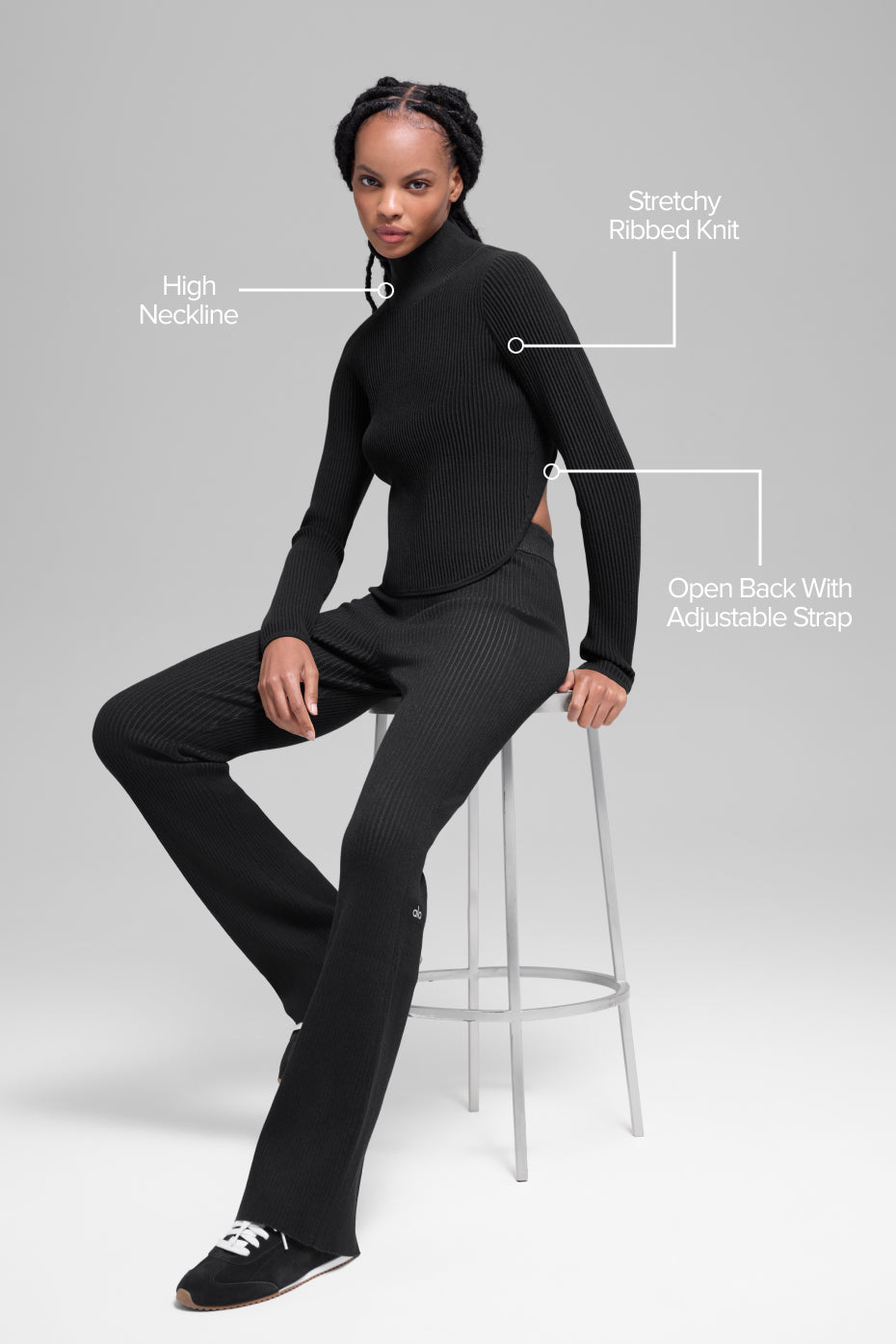 alo Denim Knit Backless Long Sleeve - Black/Anthracite