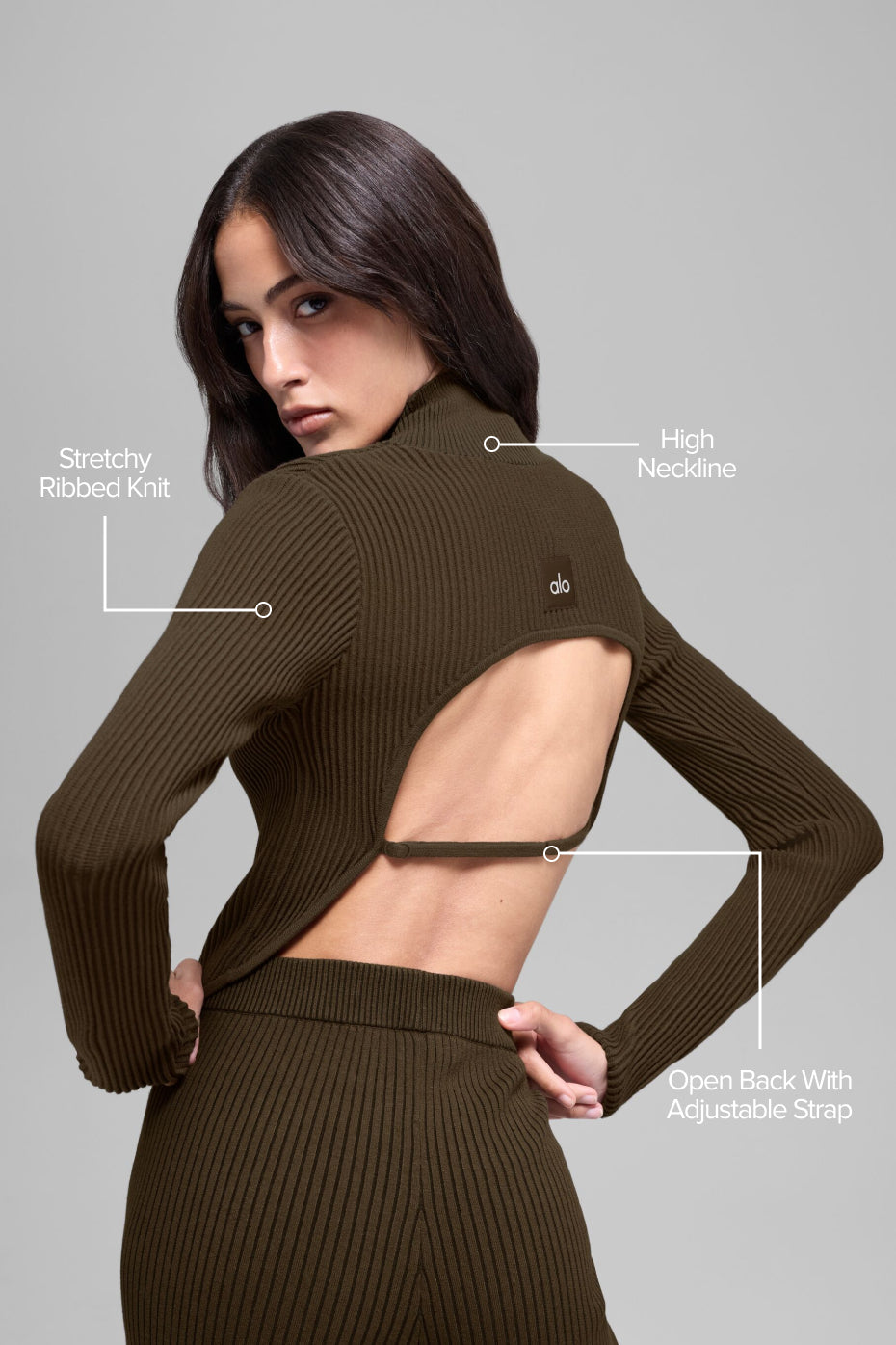 alo Denim Knit Backless Long Sleeve - Espresso/Black