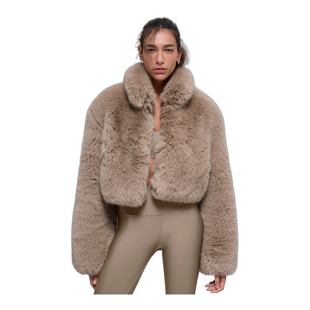 alo Opulent Faux Fur Cropped Jacket - Oat