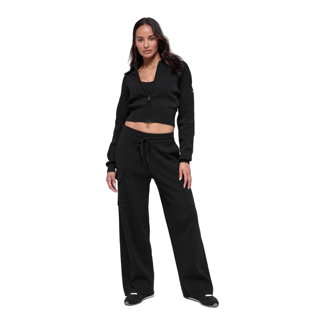 alo Scholar Knit Cropped Full Zip Jacket - Black