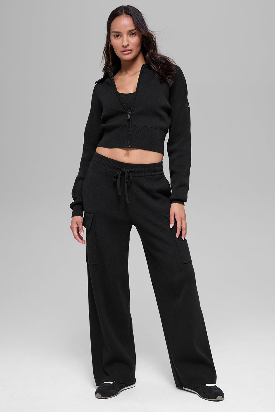 alo Scholar Knit Cropped Full Zip Jacket - Black