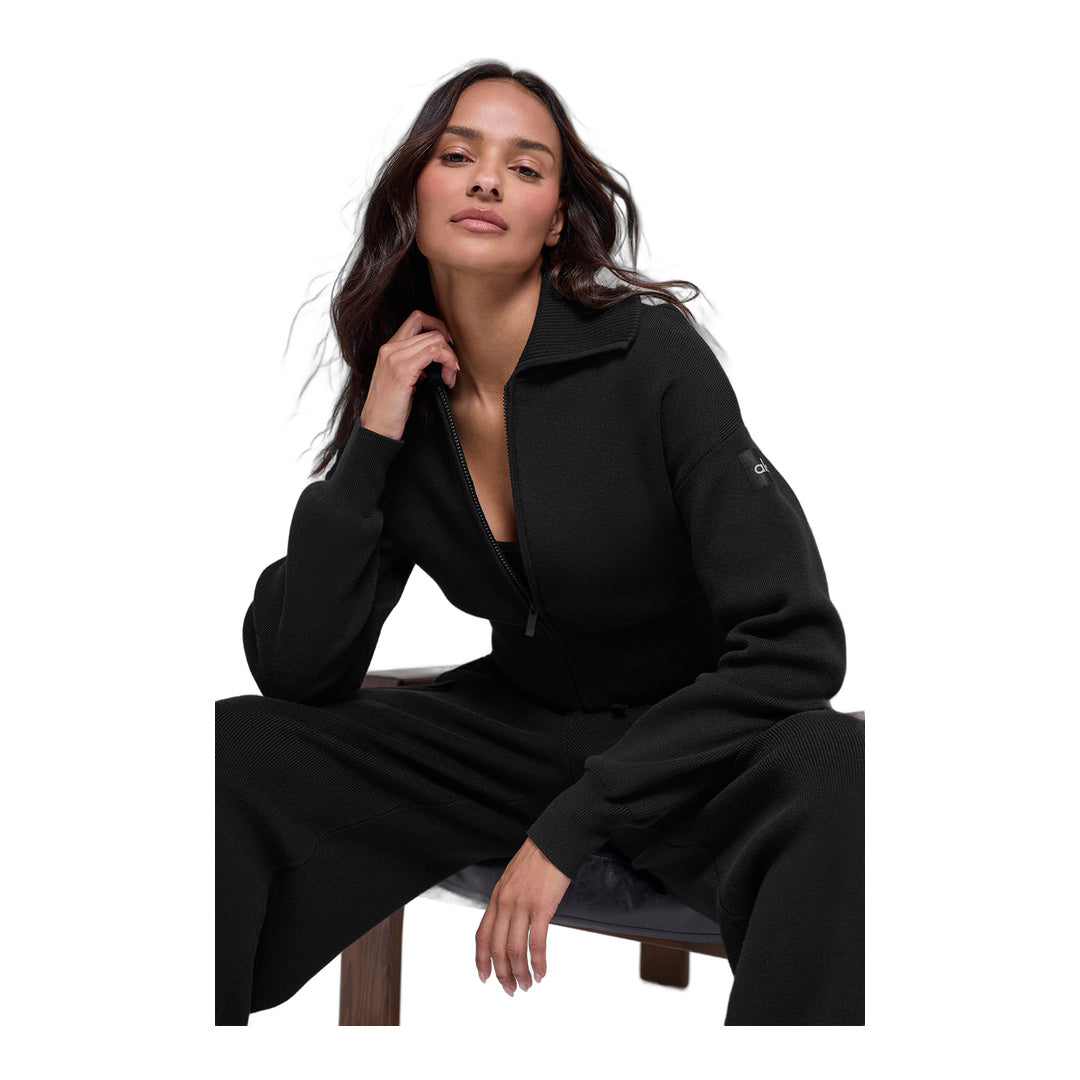 alo Scholar Knit Cropped Full Zip Jacket - Black