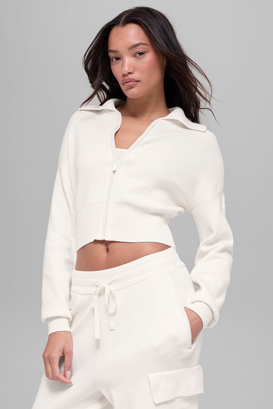 alo Scholar Knit Cropped Full Zip Jacket - Ivory