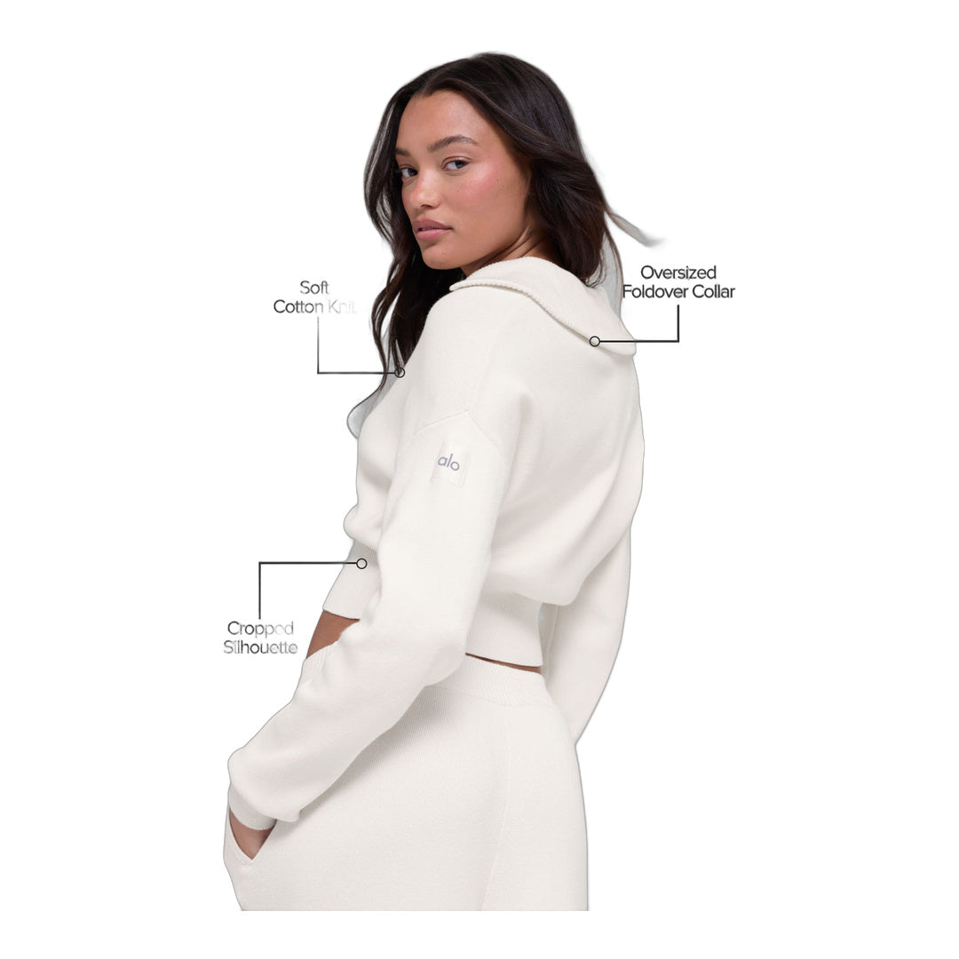 alo Scholar Knit Cropped Full Zip Jacket - Ivory