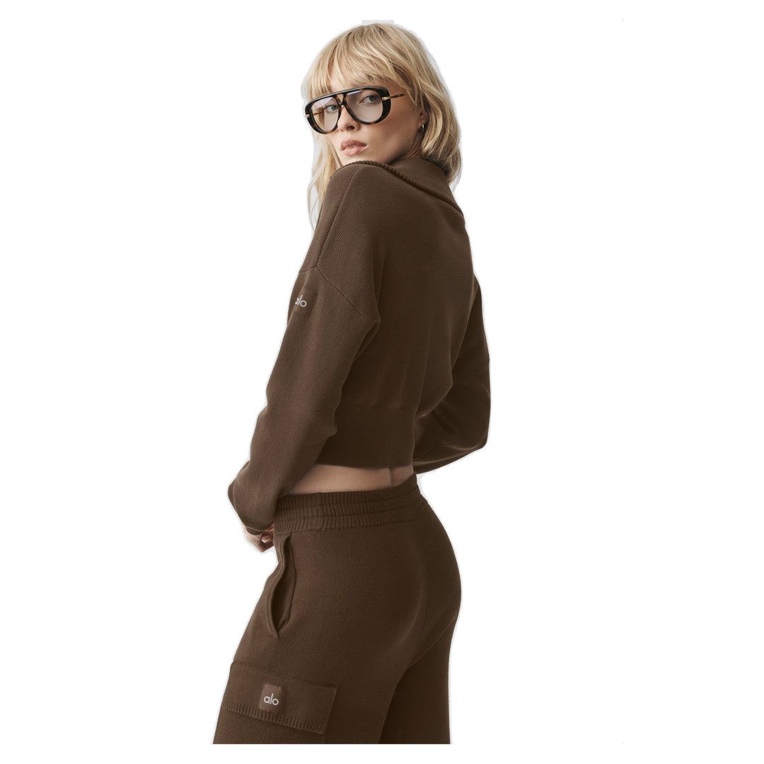 ALO Scholar Knit Cropped Full Zip Jacket - Espresso