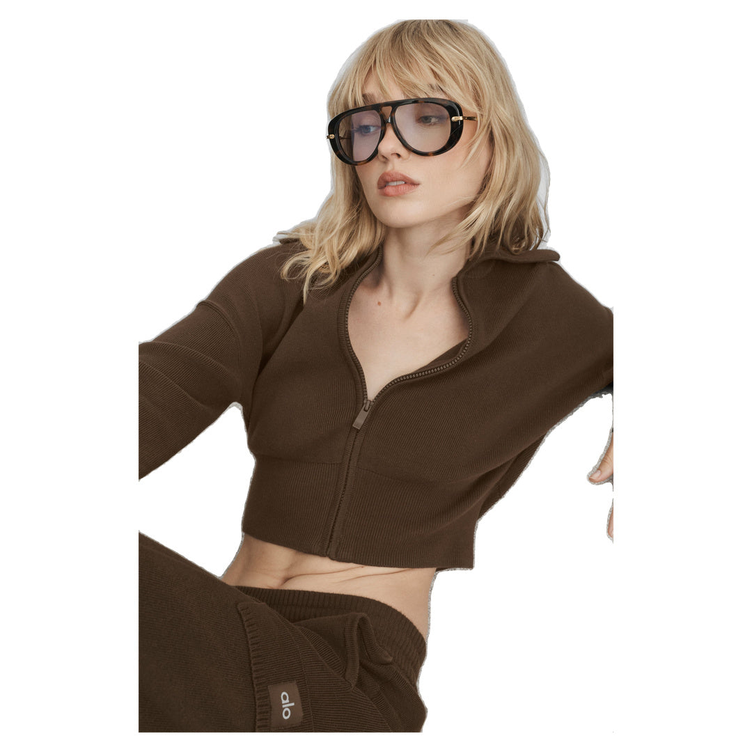 ALO Scholar Knit Cropped Full Zip Jacket - Espresso