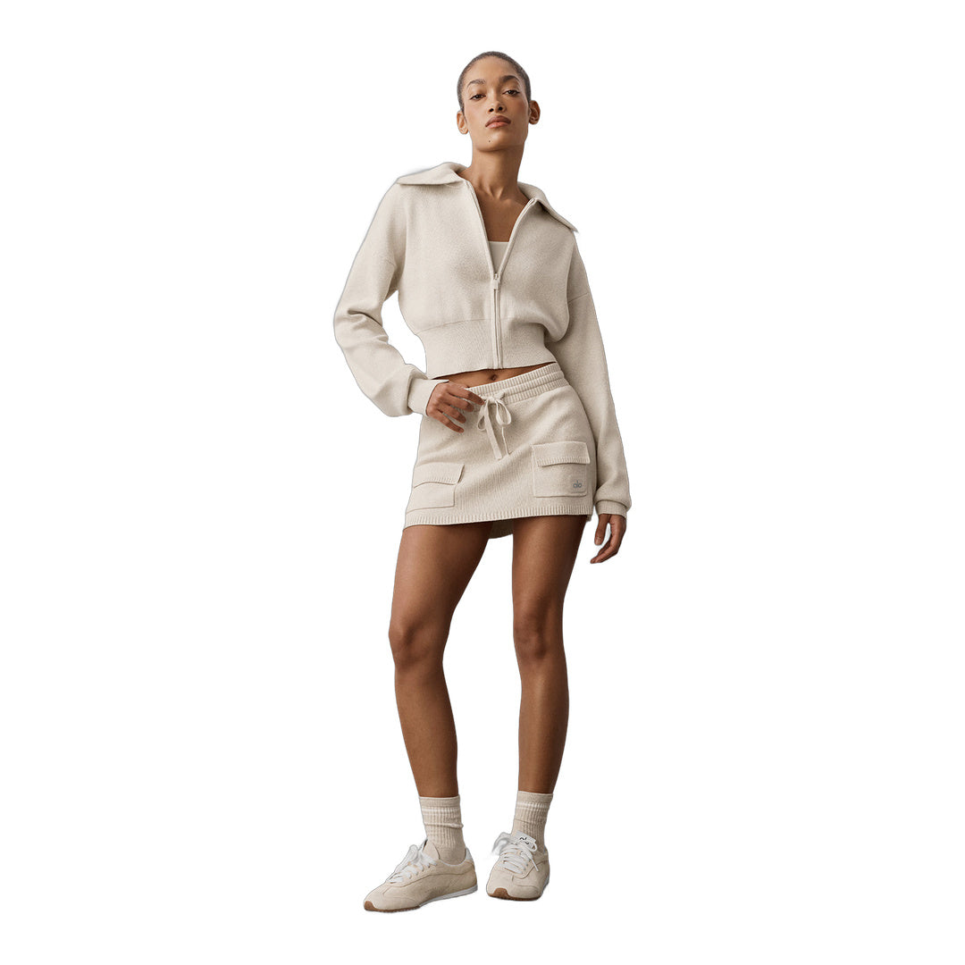 alo Scholar Knit Cropped Full Zip Jacket - Oatmeal Heather