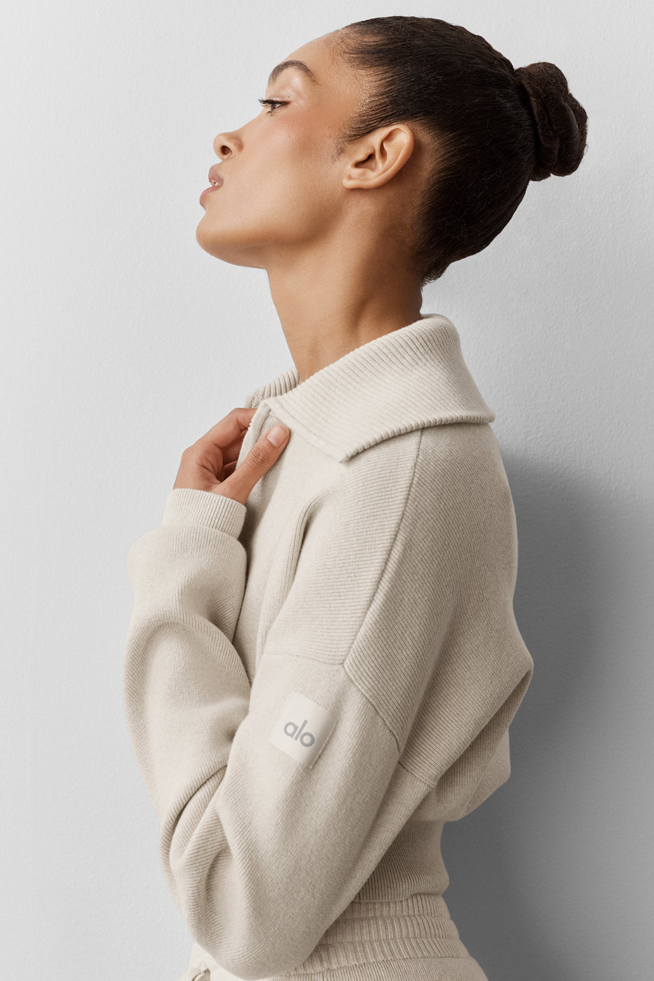 alo Scholar Knit Cropped Full Zip Jacket - Oatmeal Heather