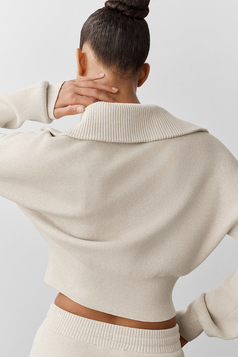 alo Scholar Knit Cropped Full Zip Jacket - Oatmeal Heather