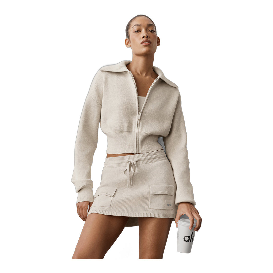 alo Scholar Knit Cropped Full Zip Jacket - Oatmeal Heather