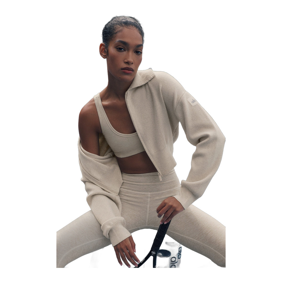 alo Scholar Knit Cropped Full Zip Jacket - Oatmeal Heather