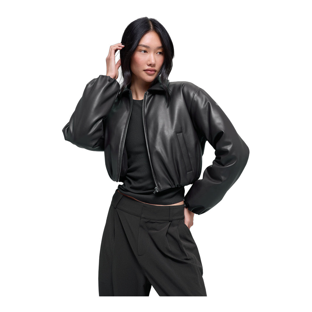 alo Faux Leather Cropped Premier Bomber - Black