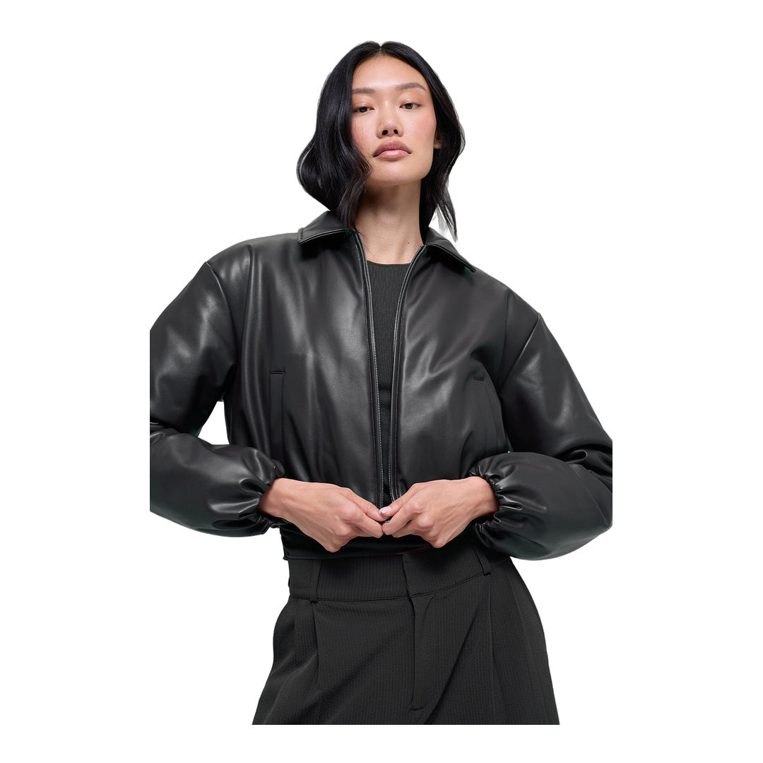alo Faux Leather Cropped Premier Bomber - Black