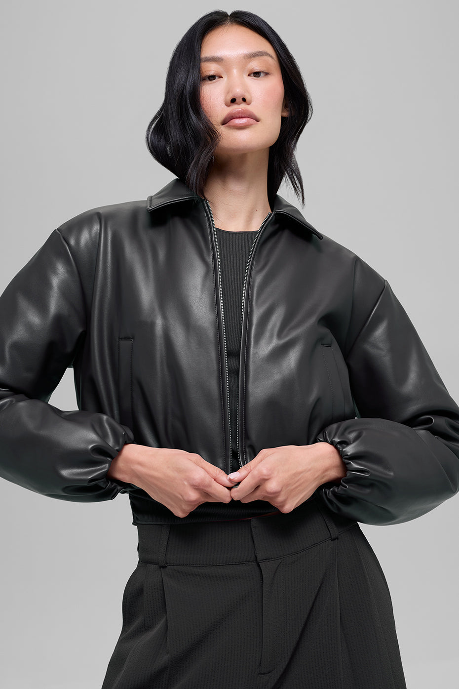alo Faux Leather Cropped Premier Bomber - Black