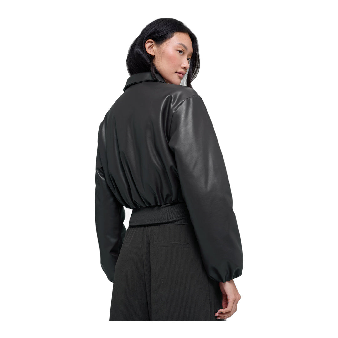 alo Faux Leather Cropped Premier Bomber - Black