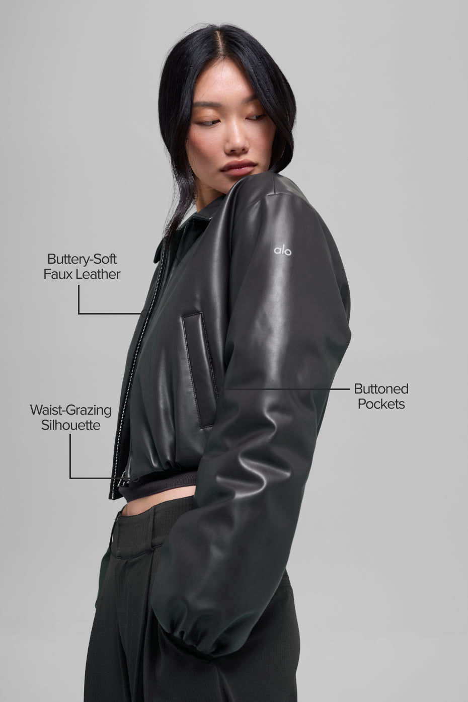 alo Faux Leather Cropped Premier Bomber - Black