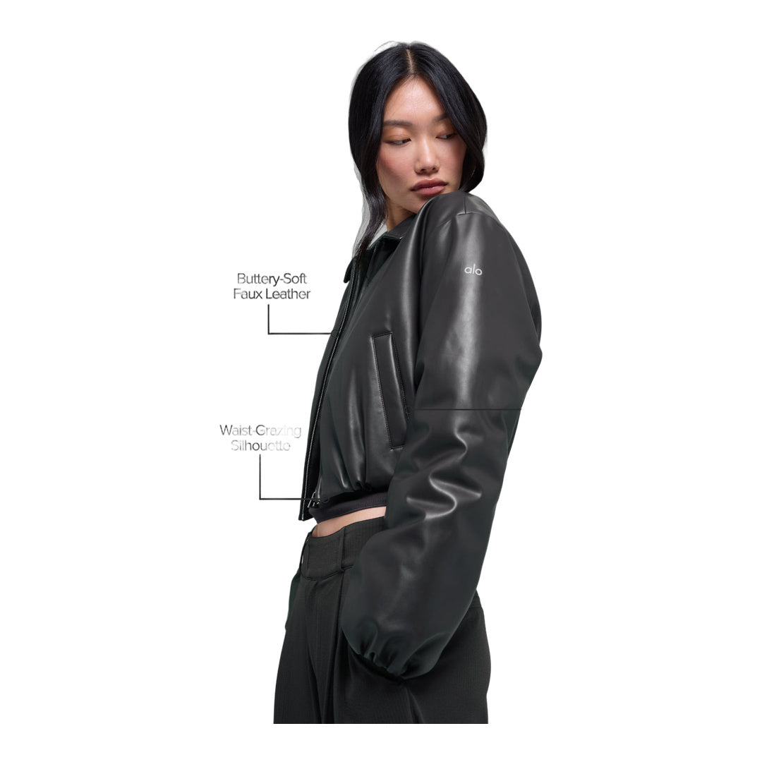 alo Faux Leather Cropped Premier Bomber - Black