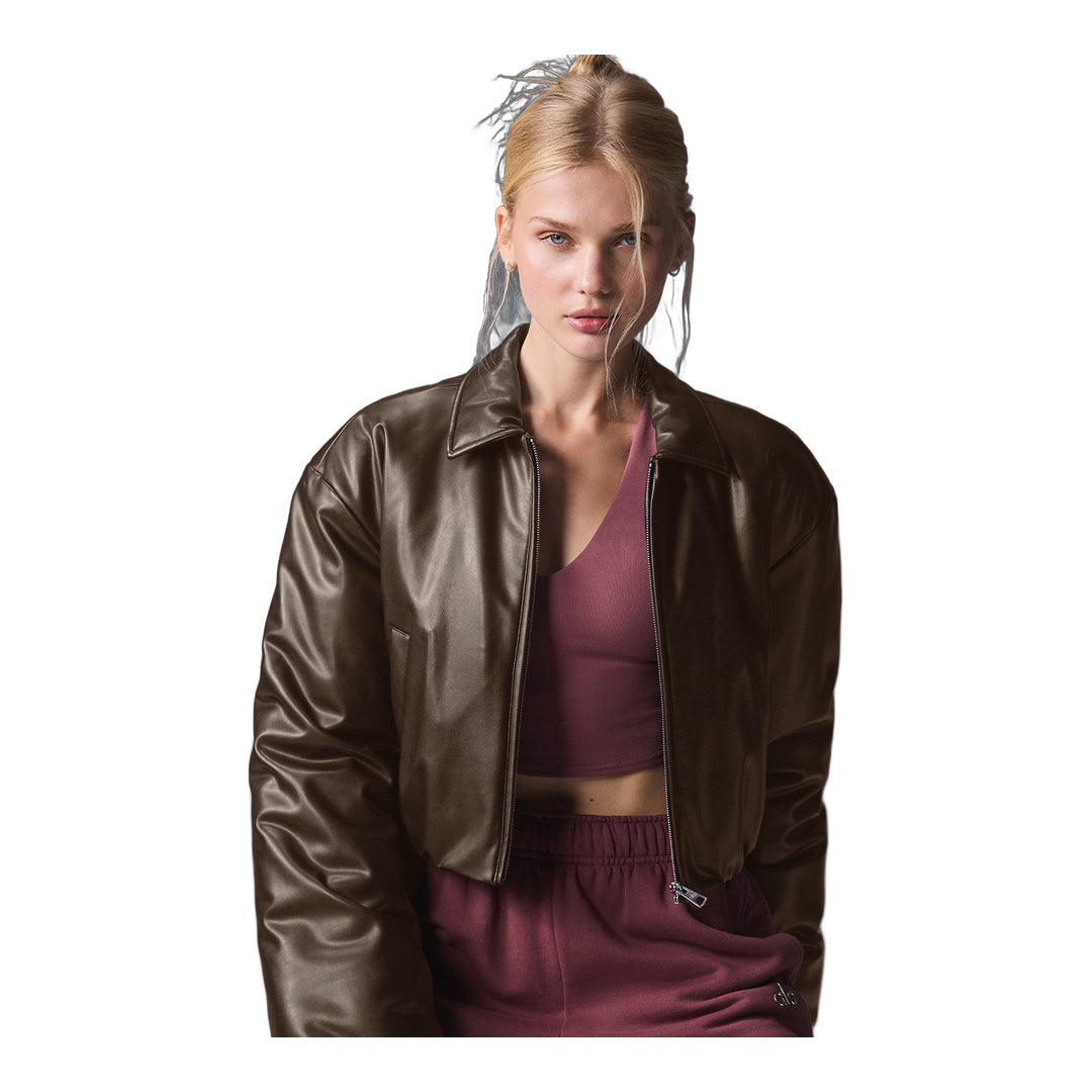 alo Faux Leather Cropped Premier Bomber - Espresso